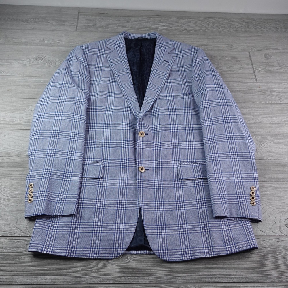 Allen Edmonds Windowpane Linen Blend Blue Plaid Sport Coat Blazer Lined Mens 42L